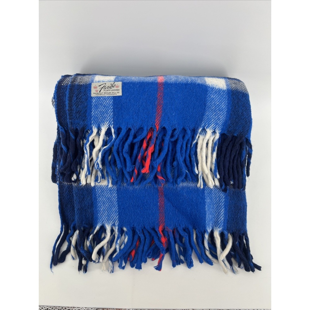 Vintage 60s Faribo Throw Blanket Blue Plaid 100% Wool Stadium Picnic USA 65"x54